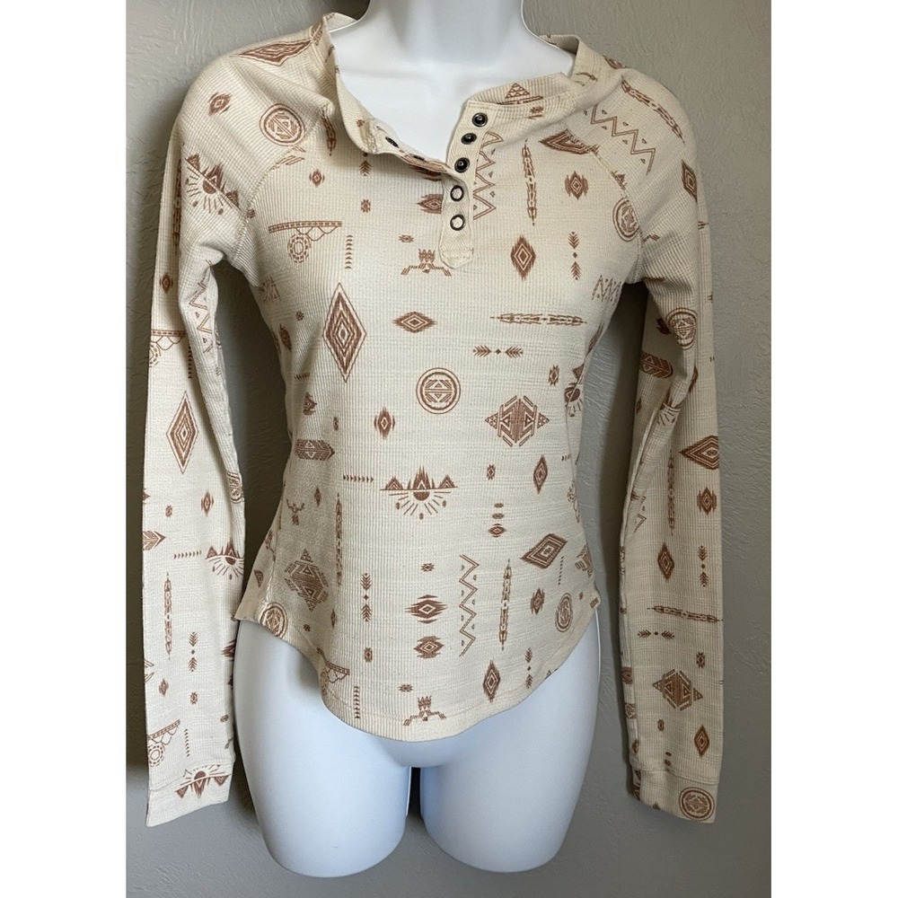 Rank 45 Rodeo Graphic long Sleeve Thermal Top Womens Size XS Ivory Brown